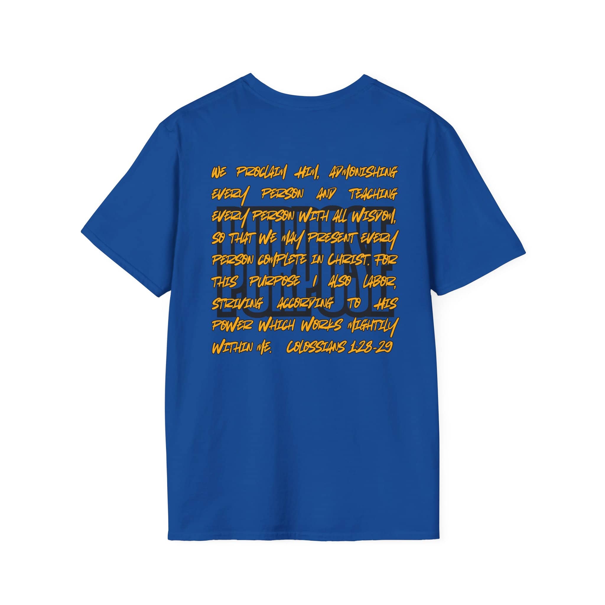 Driven By Purpose shirt in blue featuring a motivational scripture printed on the back view