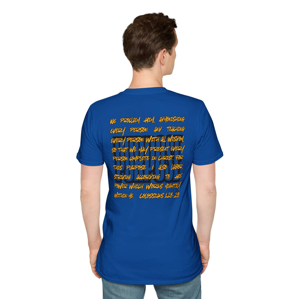Driven By Purpose shirt in blue with inspirational scripture print on the back