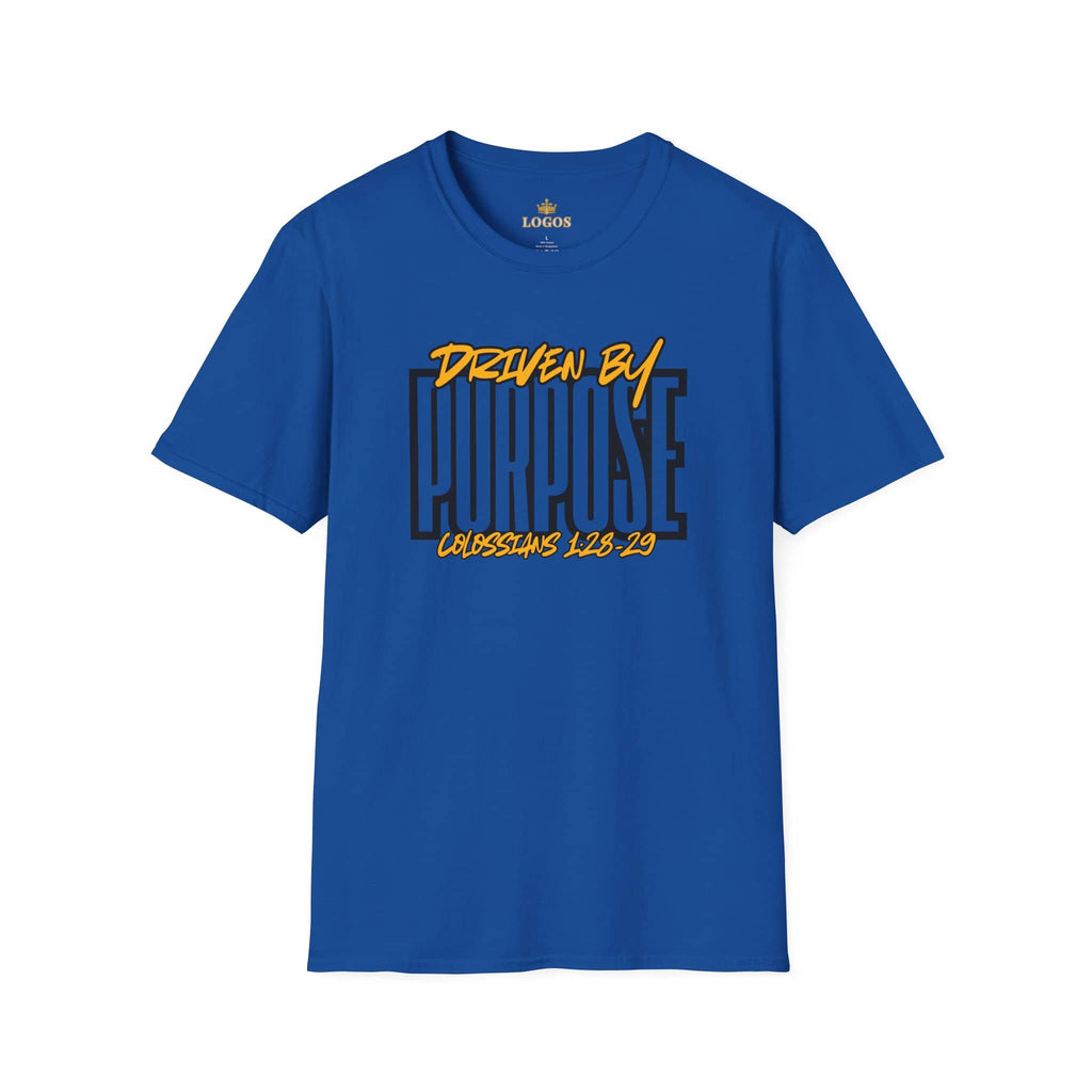 Driven By Purpose shirt in blue featuring Colossians 1:28-29 on the front