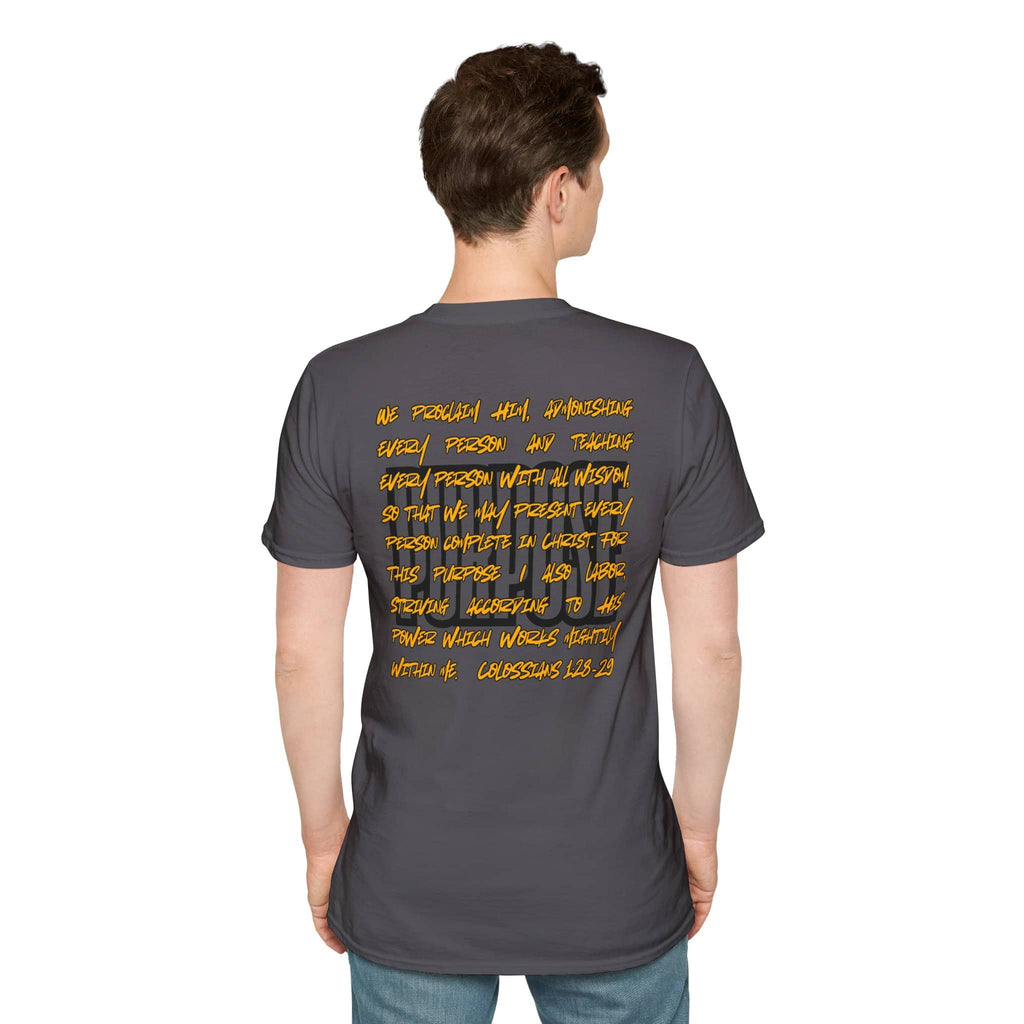 Back view of a Driven By Purpose shirt in dark gray with inspirational scripture printed in yellow ink