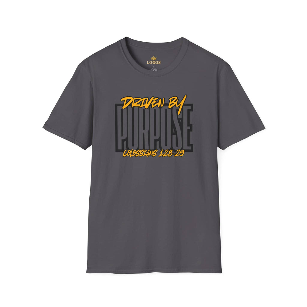 Driven By Purpose shirt in charcoal gray with scripture Colossians 1:28-29, front view