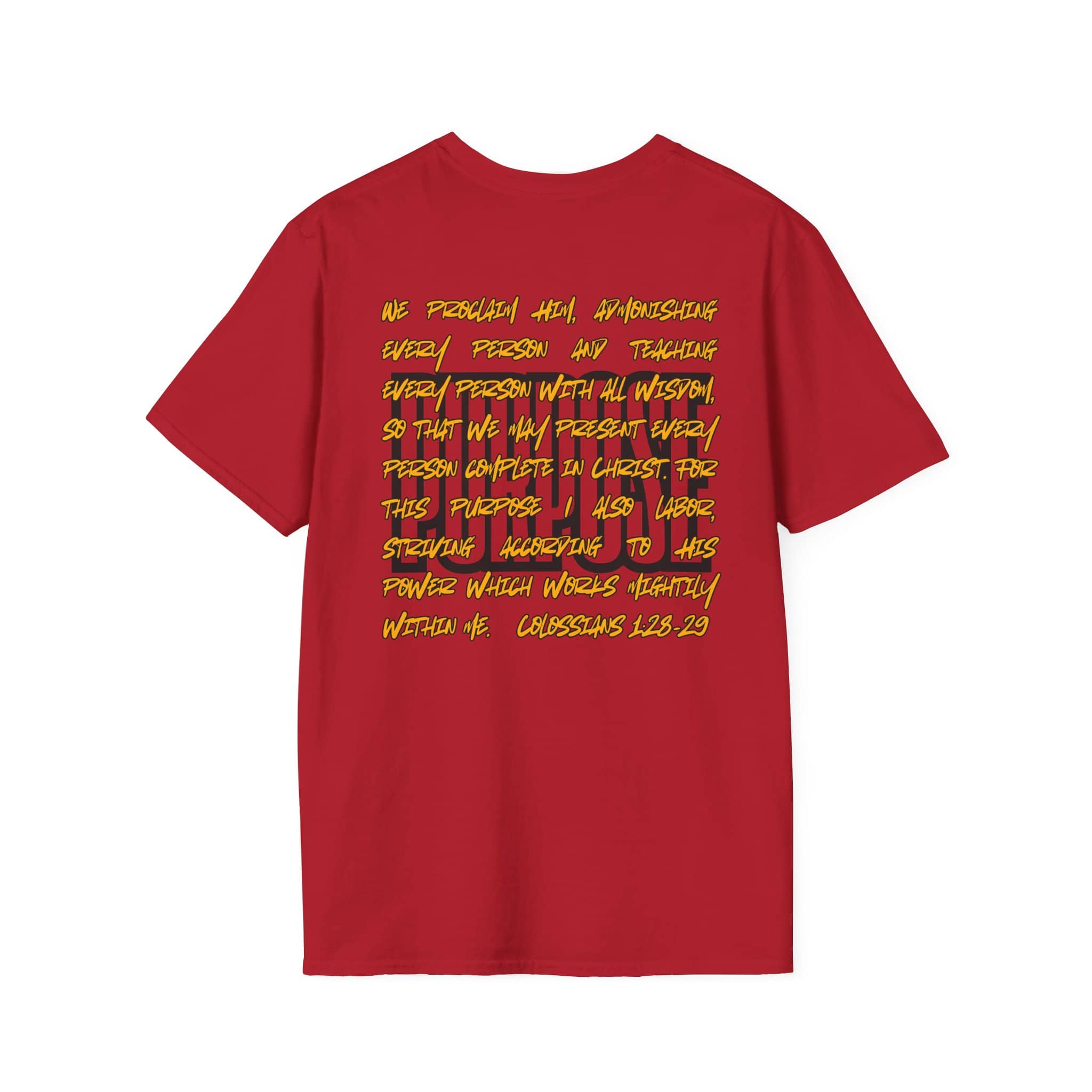 Red Driven By Purpose shirt featuring inspirational scripture on the back view