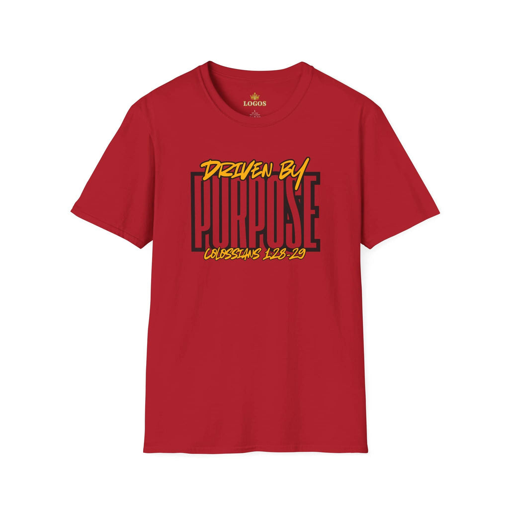 Driven By Purpose shirt in red with front view featuring bold lettering and scripture Colossians 1:28-29