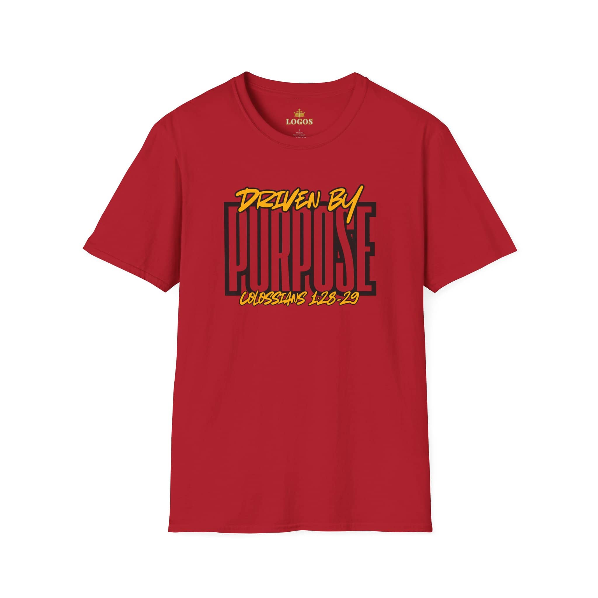 Driven By Purpose shirt in red with front view featuring bold lettering and scripture Colossians 1:28-29