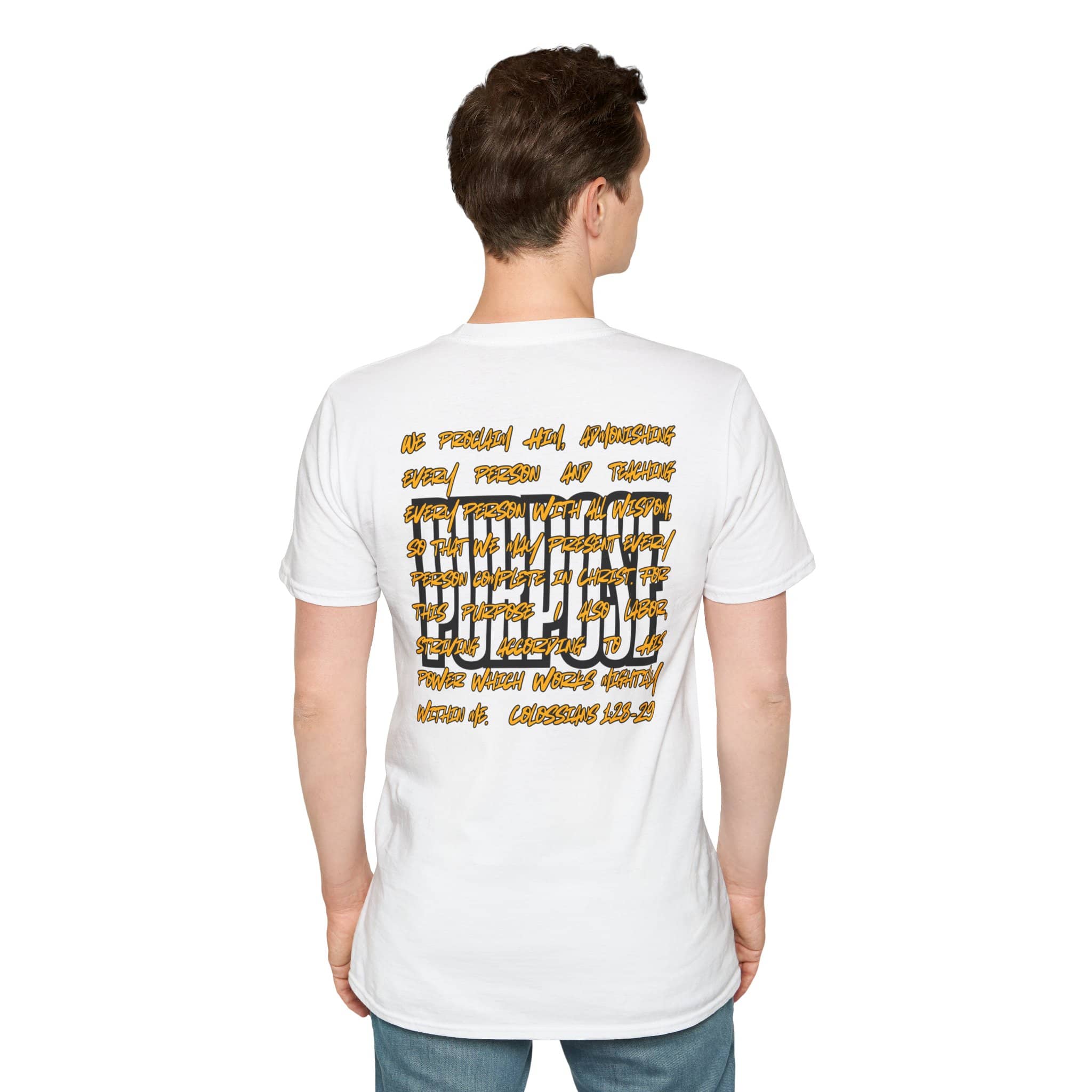 White Driven By Purpose shirt featuring scripture on the back view