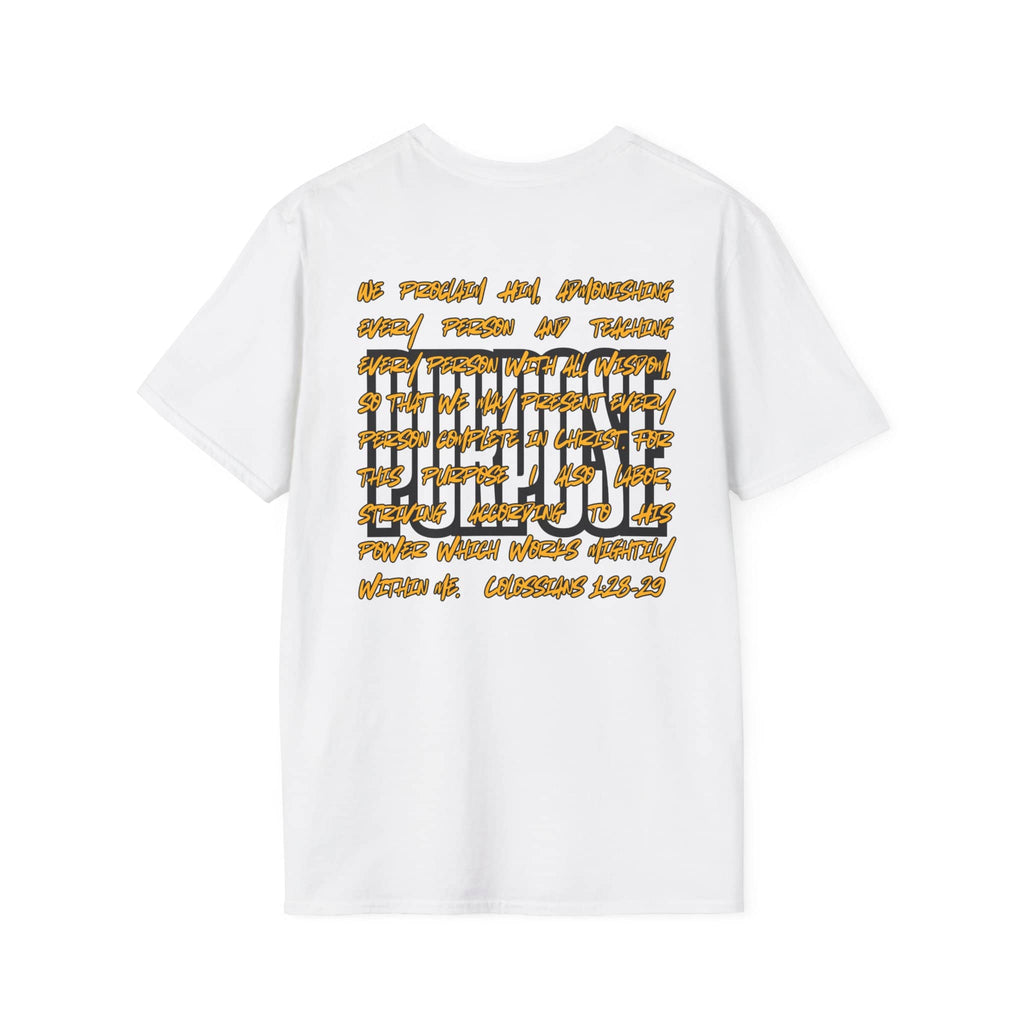White Driven By Purpose shirt featuring a bold spiritual message on the back view