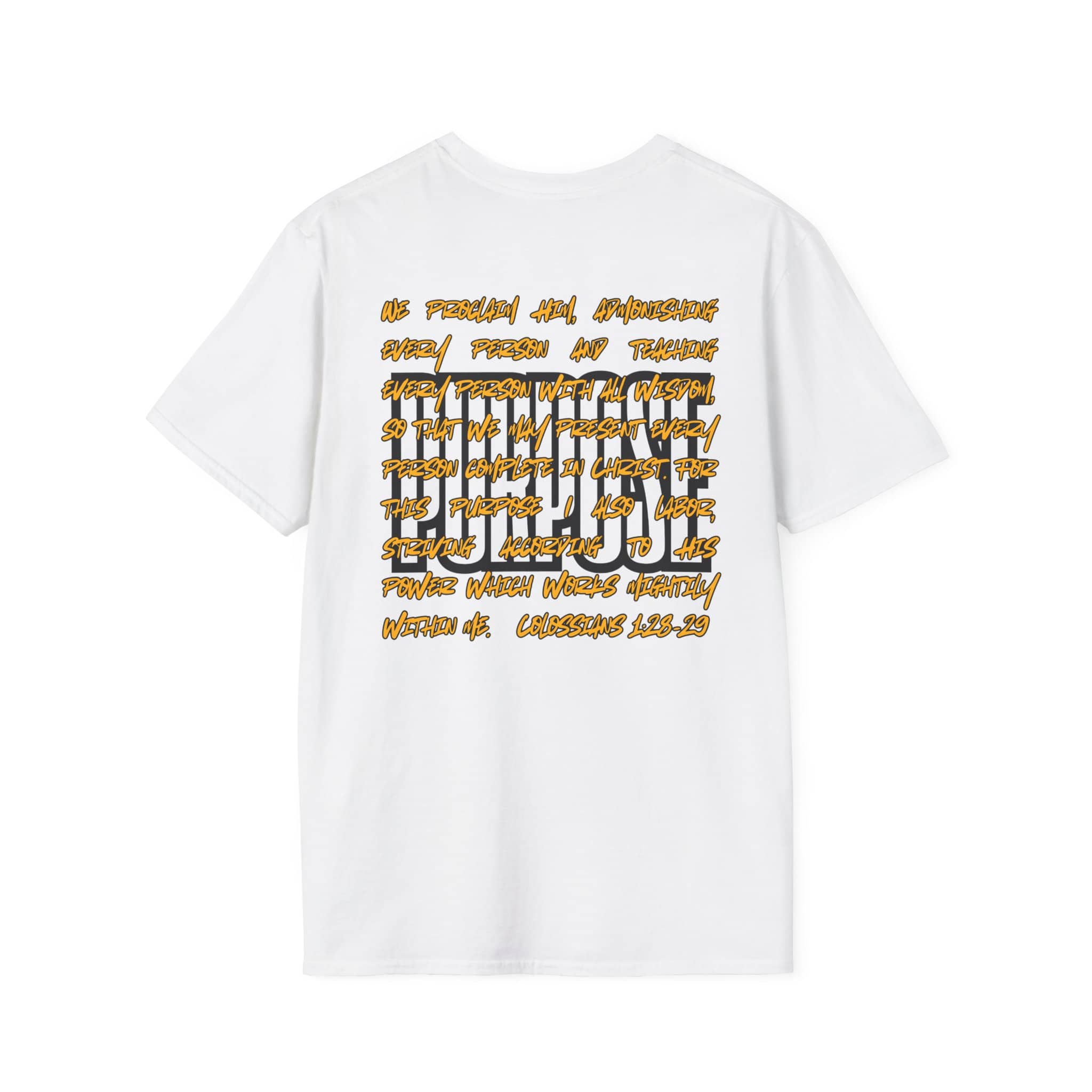 White Driven By Purpose shirt featuring a bold spiritual message on the back view