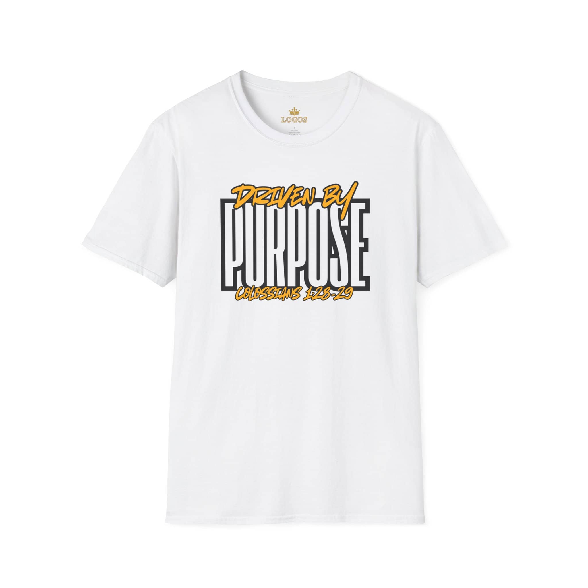 Driven By Purpose shirt in white with bold lettering featuring a motivational phrase on the front