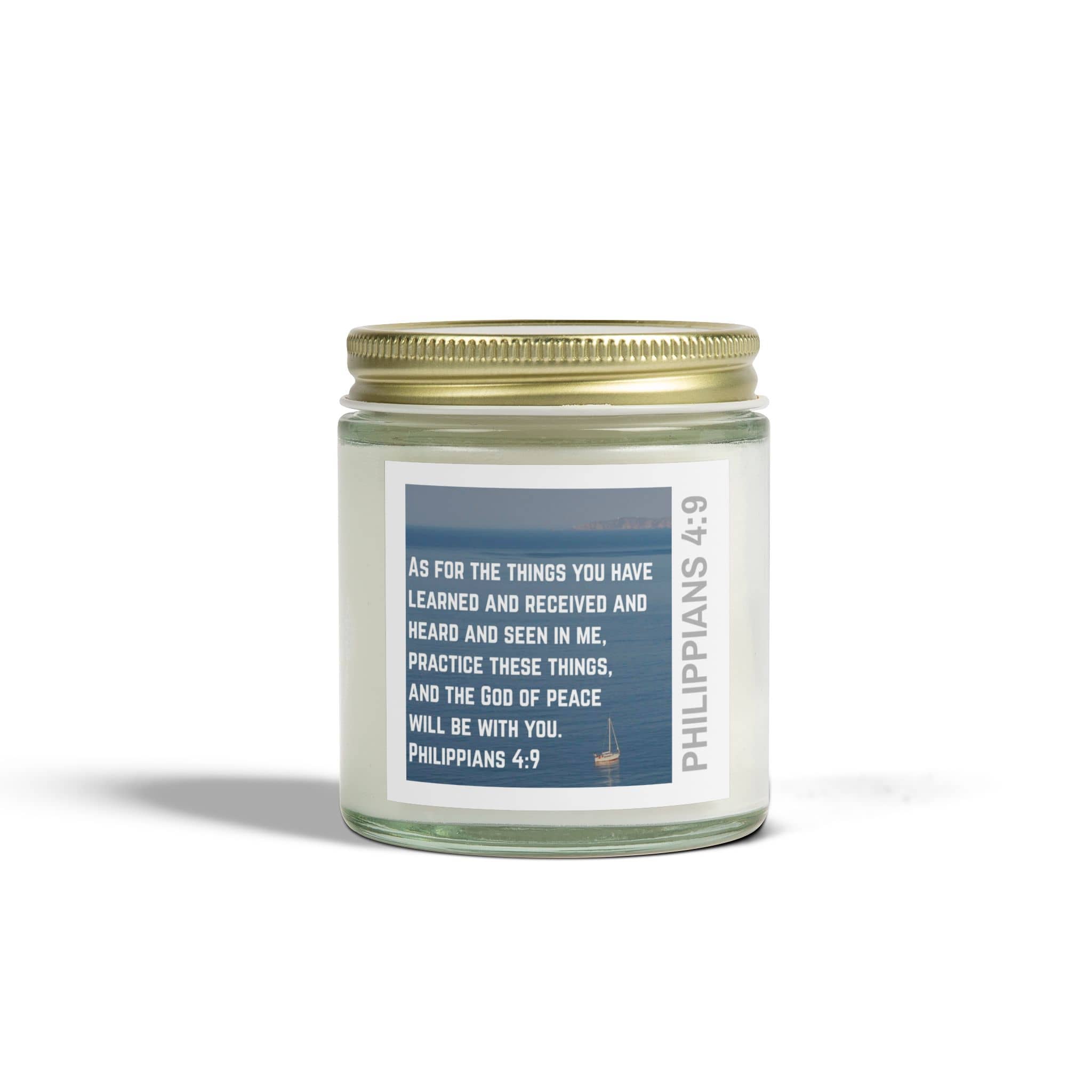 Logos eco-friendly Christian candle with Philippians 4:9 scripture label in glass jar with gold lid