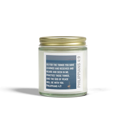 Logos eco-friendly Christian candle with Philippians 4:9 scripture label in glass jar with gold lid