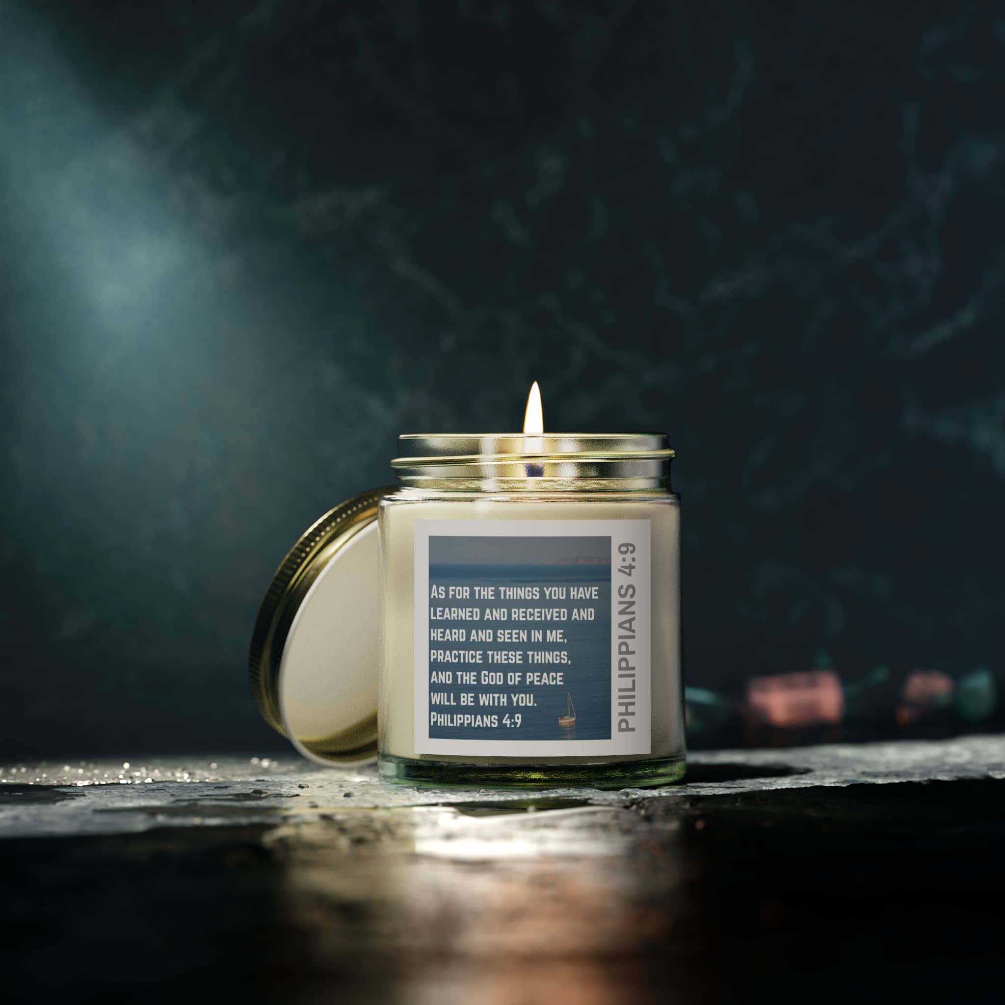 Eco-friendly Christian candle with Philippians 4:9 scripture in a glass jar home decor