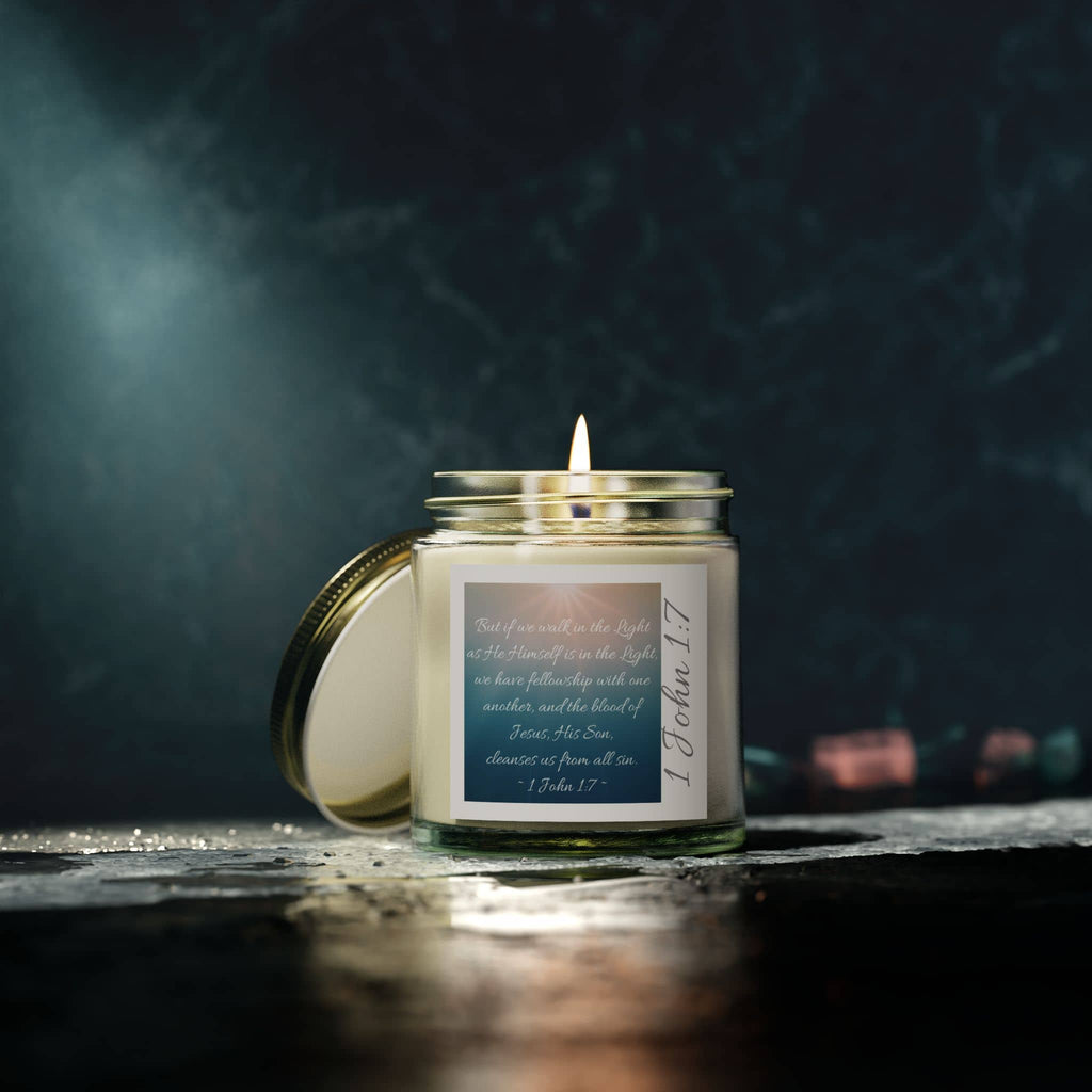 Eco-friendly scripture candle in a glass jar with a soothing flame and inspirational verse