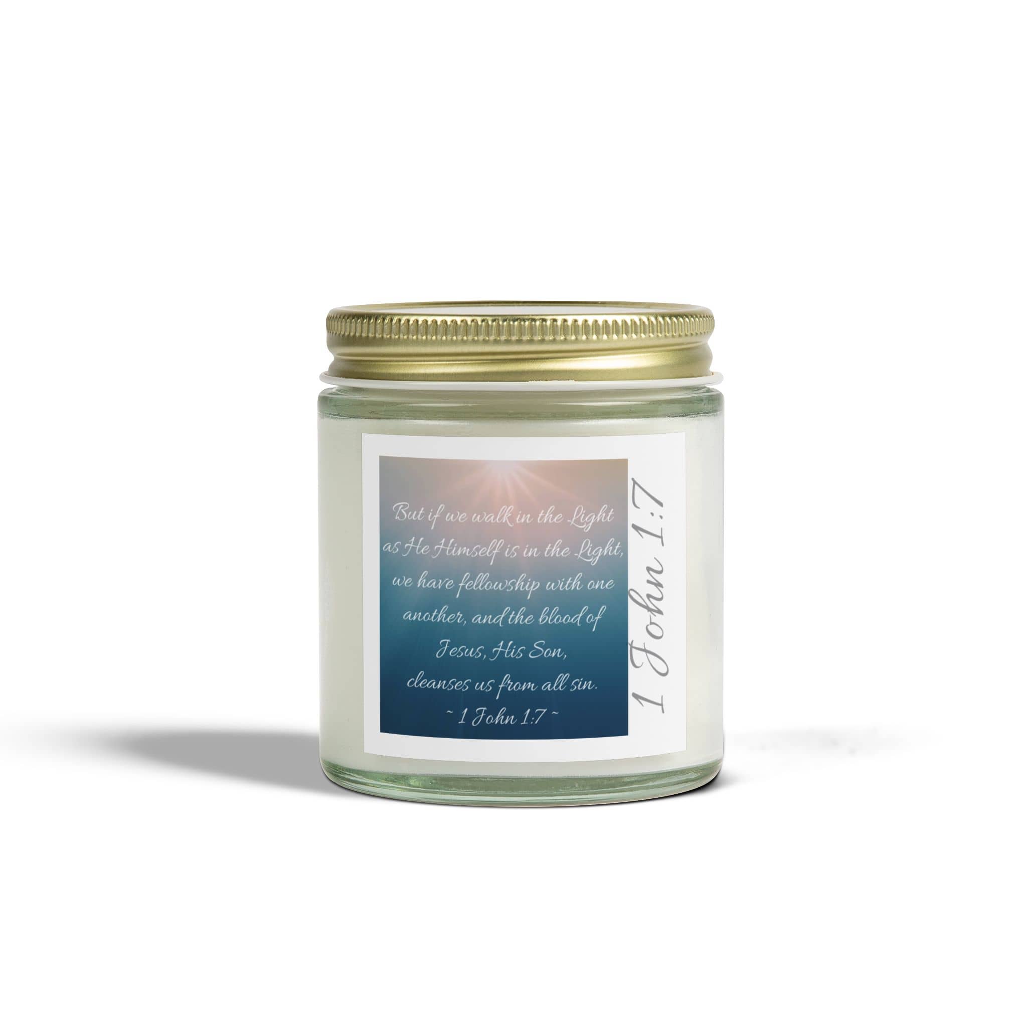 Eco-friendly scripture candle featuring 1 John 1:7 quote on a serene design