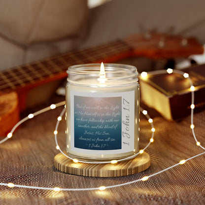 Eco-friendly scripture candle with the verse 1 John 1:7 printed on the front