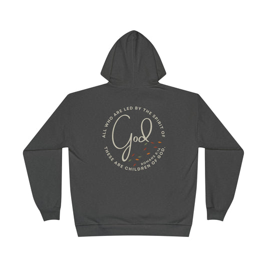 Logos eco-friendly scripture hoodie in dark gray with Romans 8:14 bible verse design on the back