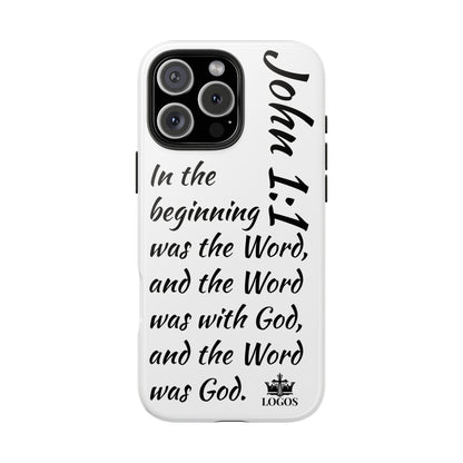 Faith-based tough phone case featuring John 1:1 scripture design for a stylish look