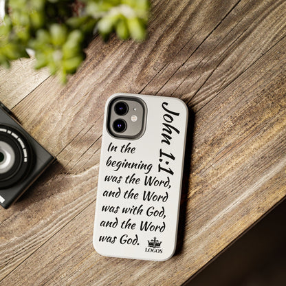Faith-based tough phone case featuring John 1:1 for spiritual inspiration and protection