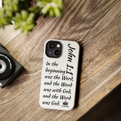 Faith-based tough phone case featuring John 1:1 verse on a stylish design