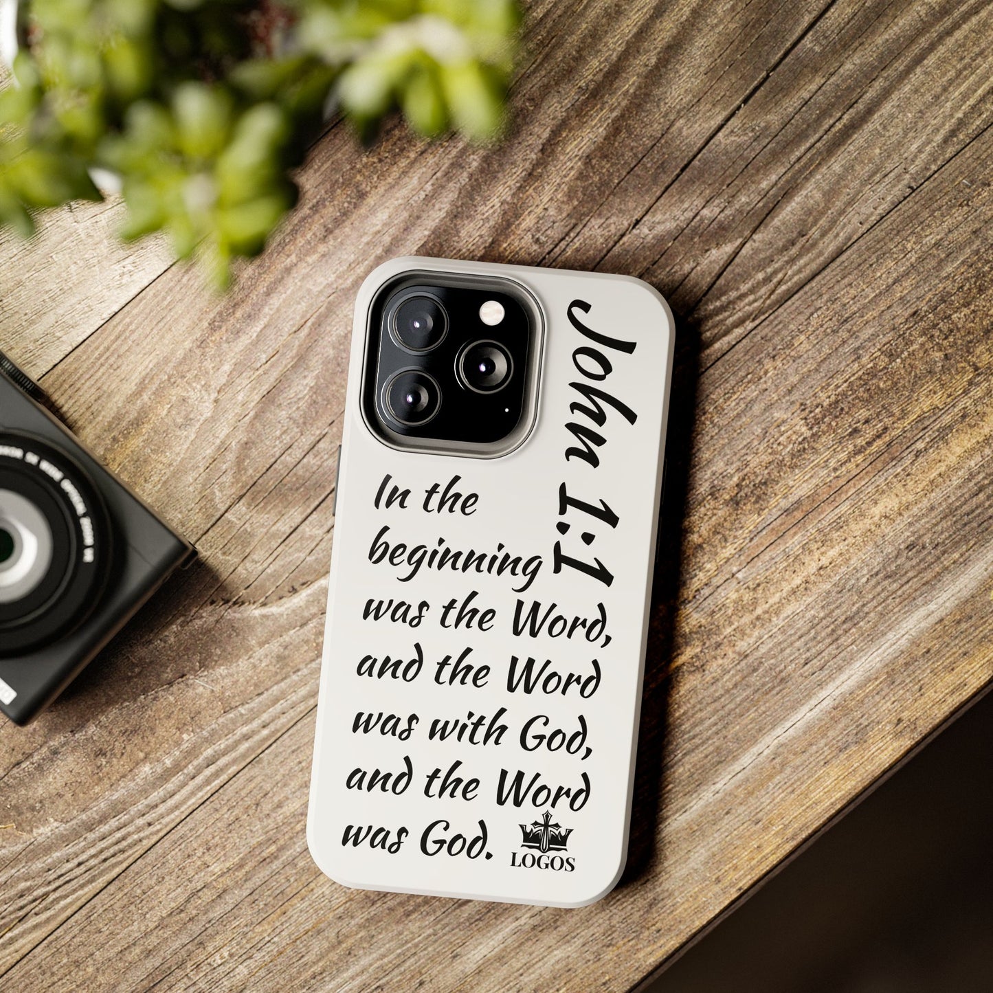 Faith-based tough phone case featuring John 1:1 text on a stylish design