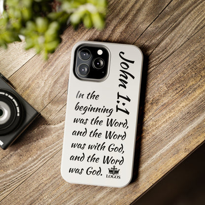 Faith-based tough phone case featuring John 1:1 scripture on a sleek design