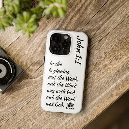 Faith-based tough phone case featuring John 1:1 scripture design on a white background