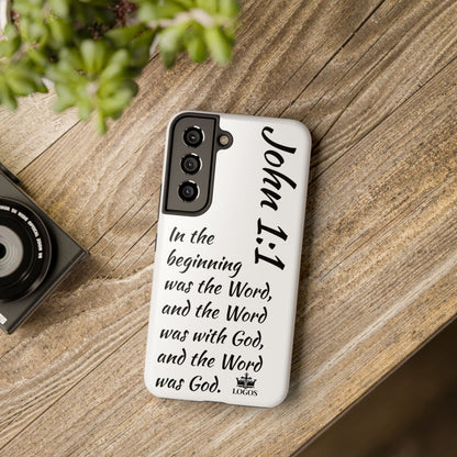 Faith-based tough phone case featuring John 1:1 scripture design for spiritual protection and style