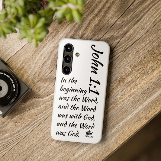 Faith-based tough phone case featuring John 1:1 scripture in elegant font