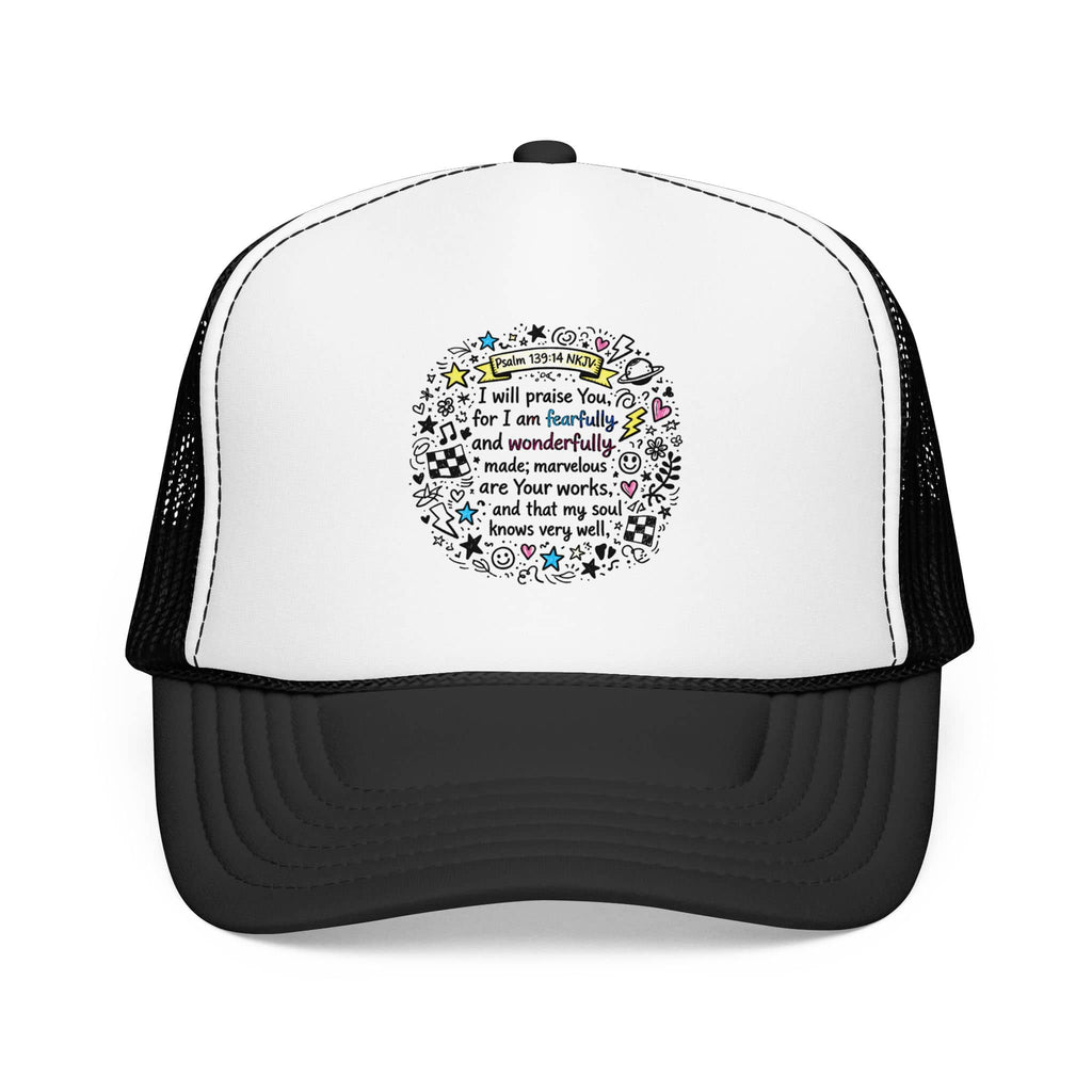 Trucker hat with 'Fearfully And Wonderfully Made' scripture in colorful design, black and white color scheme, front view