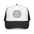 Trucker hat with 'Fearfully And Wonderfully Made' scripture in colorful design, black and white color scheme, front view