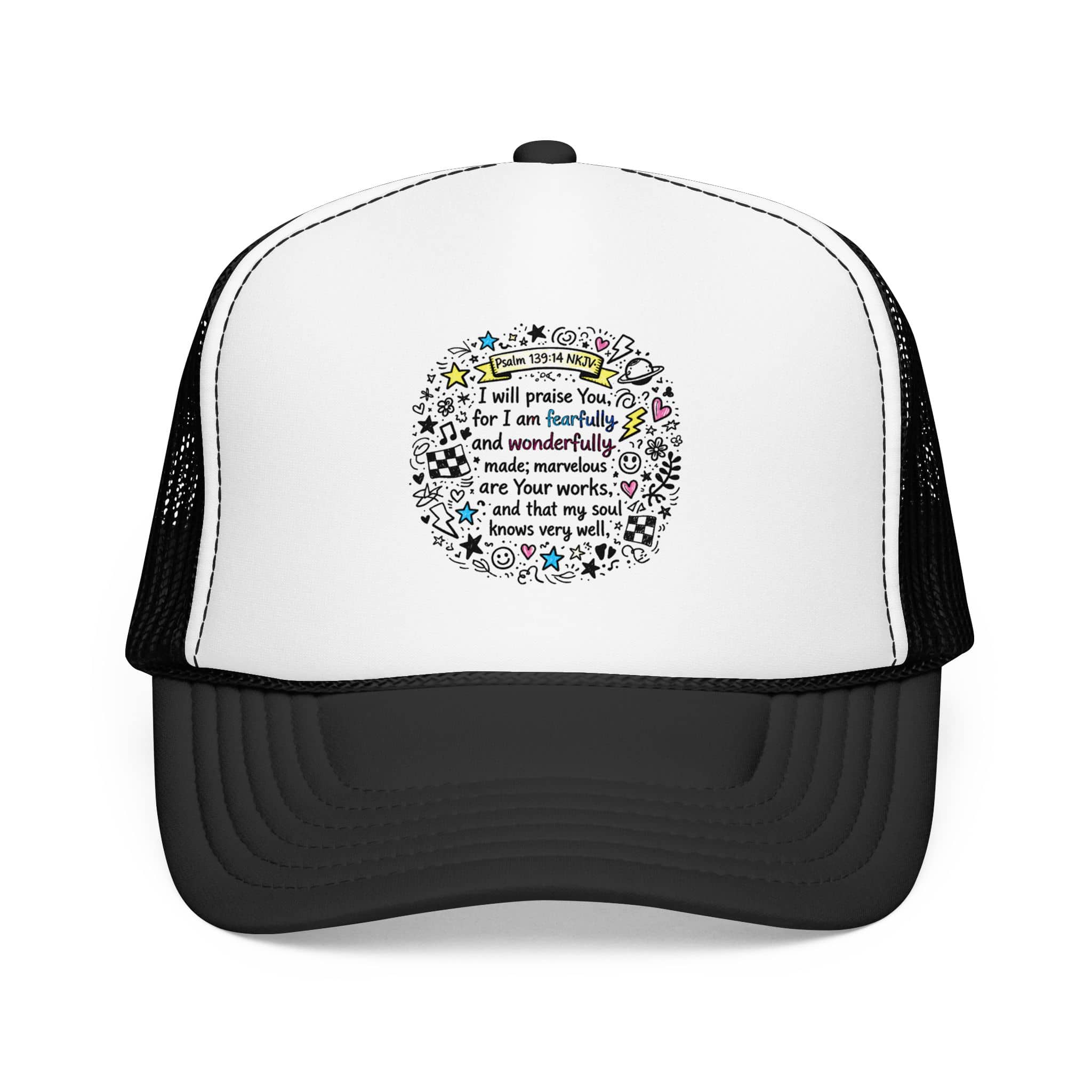 Trucker hat with 'Fearfully And Wonderfully Made' scripture in colorful design, black and white color scheme, front view