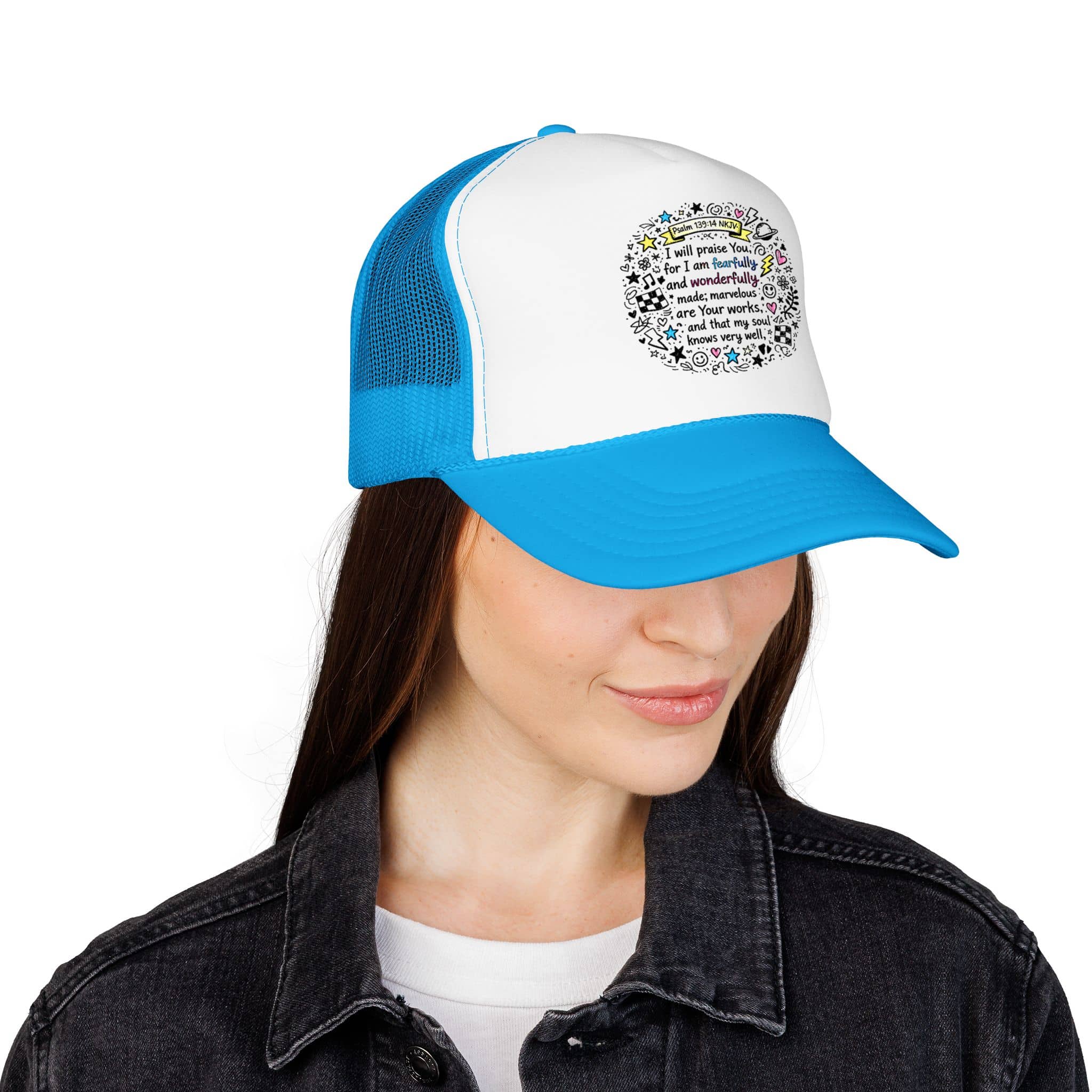 Trucker hat with Fearfully And Wonderfully Made Hat text in white and blue, shown from front view