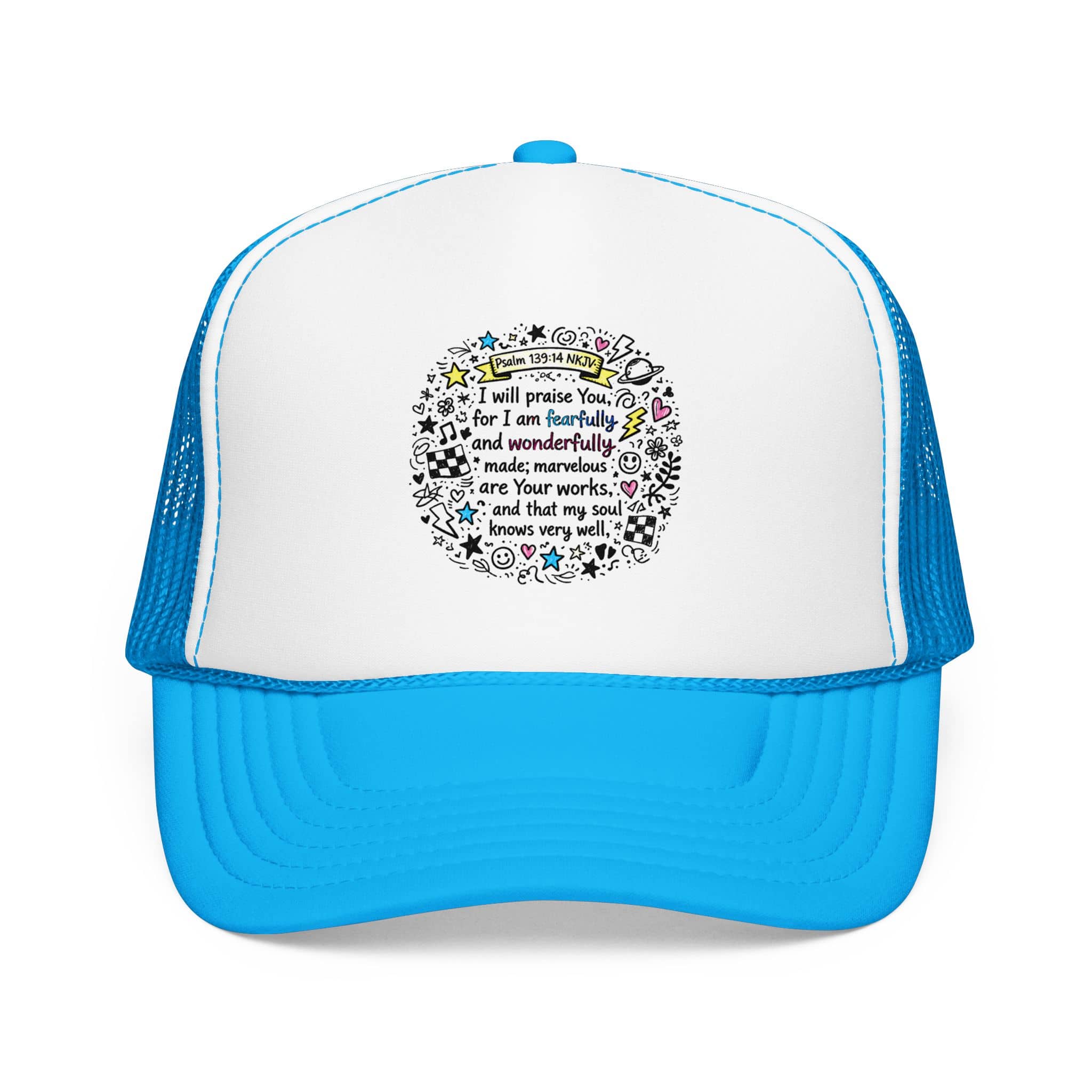 Trucker hat featuring 'Fearfully And Wonderfully Made Hat' design in white and blue with front view