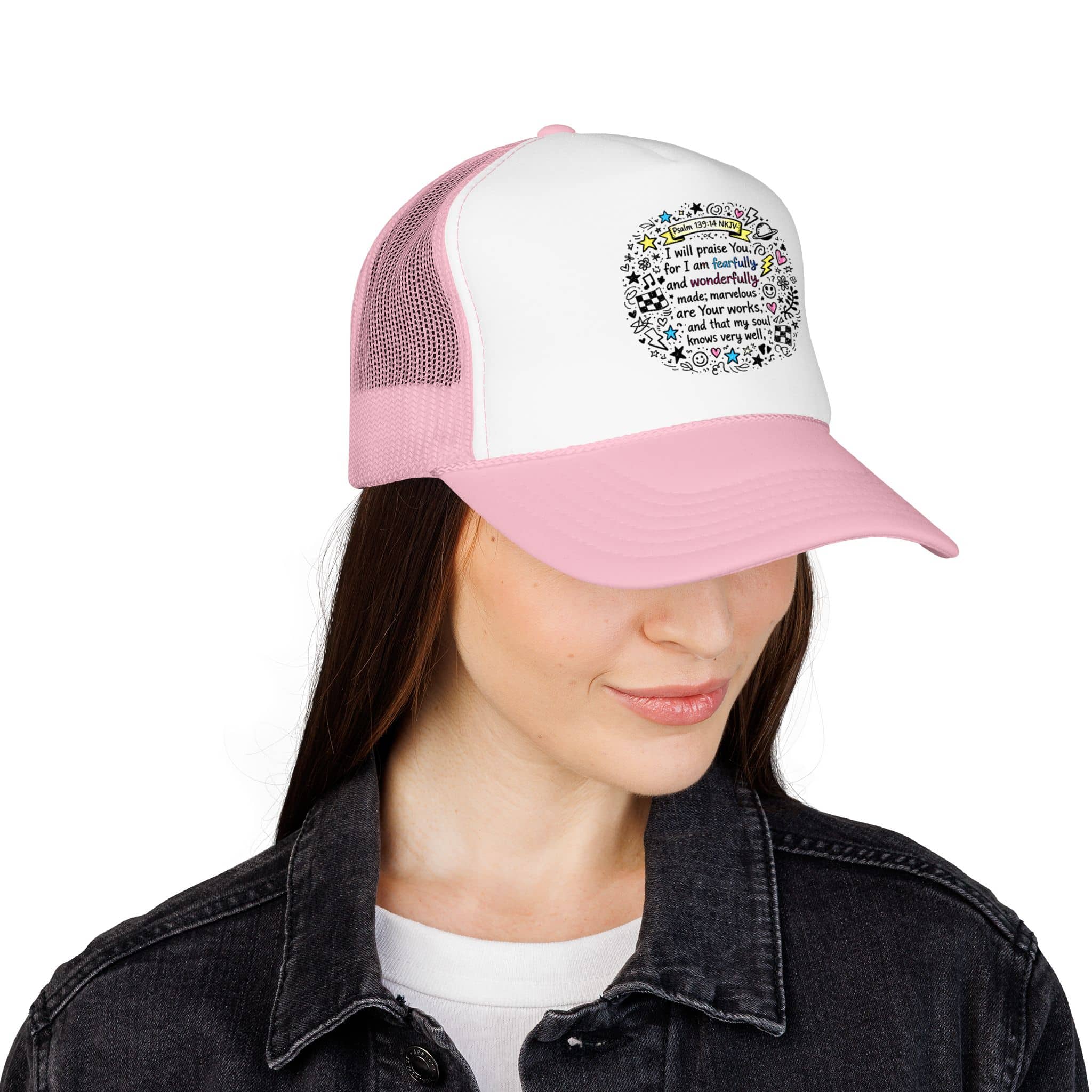 Pink and white trucker hat featuring 'Fearfully And Wonderfully Made' design on front view