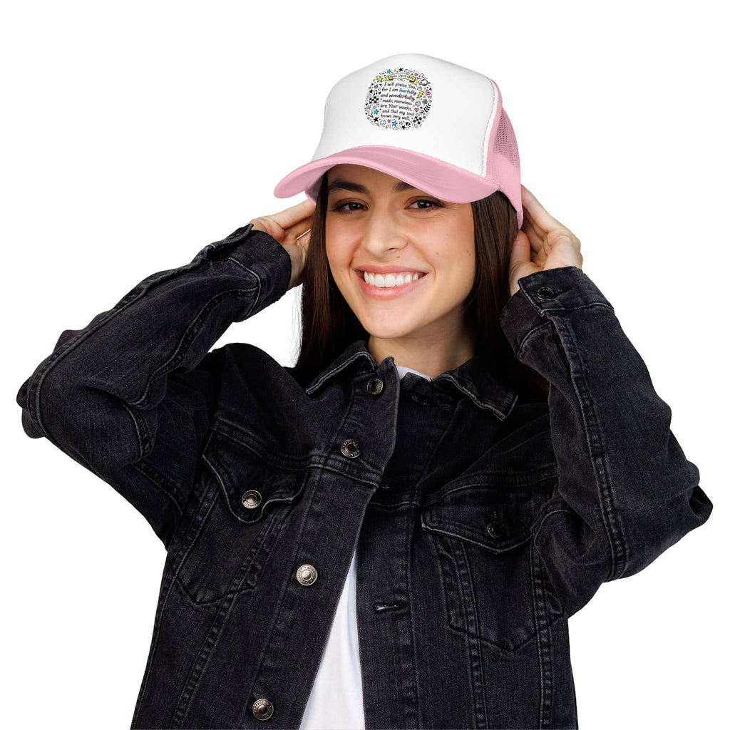Trucker hat with 'Fearfully And Wonderfully Made' design, pink and white, front view