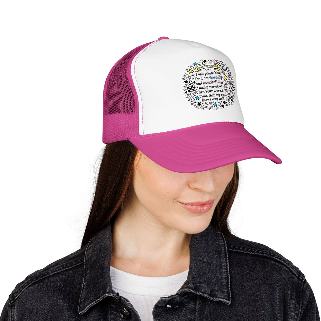 Cap featuring the phrase Fearfully And Wonderfully Made Hat, white and pink mesh, front view