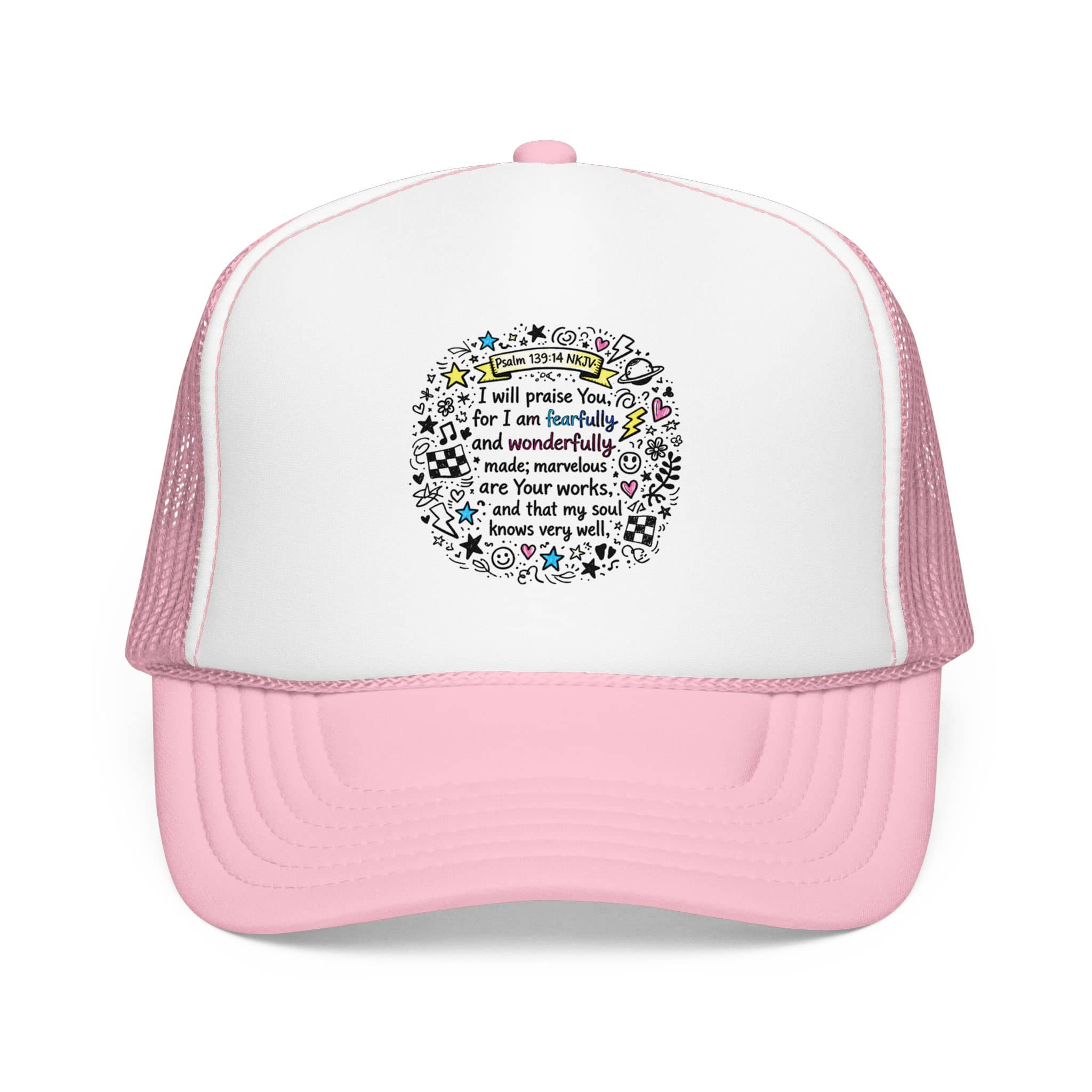 Trucker hat with 'Fearfully And Wonderfully Made Hat' design in white and pink front view
