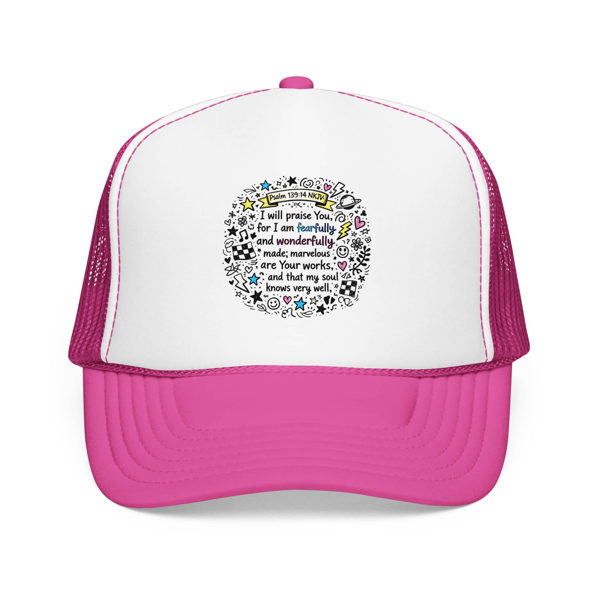 Trucker hat with the phrase Fearfully And Wonderfully Made Hat, pink color, front view