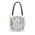 Tote bag featuring Psalm 139:14 with the phrase 'Fearfully and Wonderfully Made' in colorful design, front view.