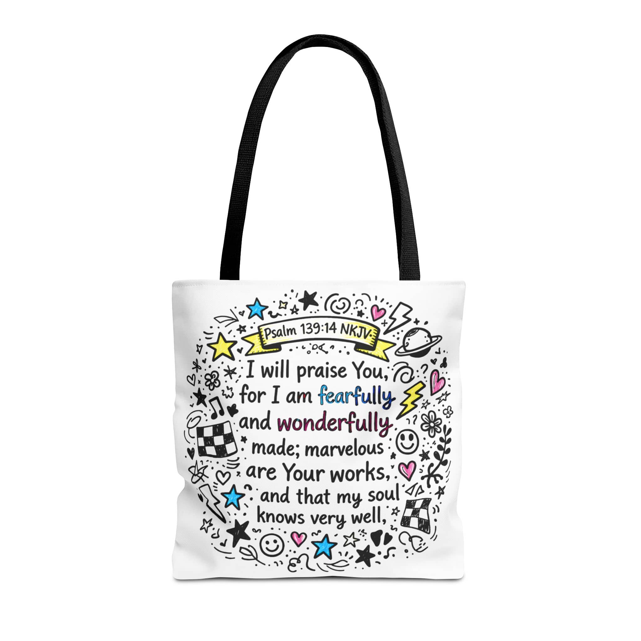 Tote bag featuring Psalm 139:14 with the phrase 'Fearfully and Wonderfully Made' in colorful design, front view.