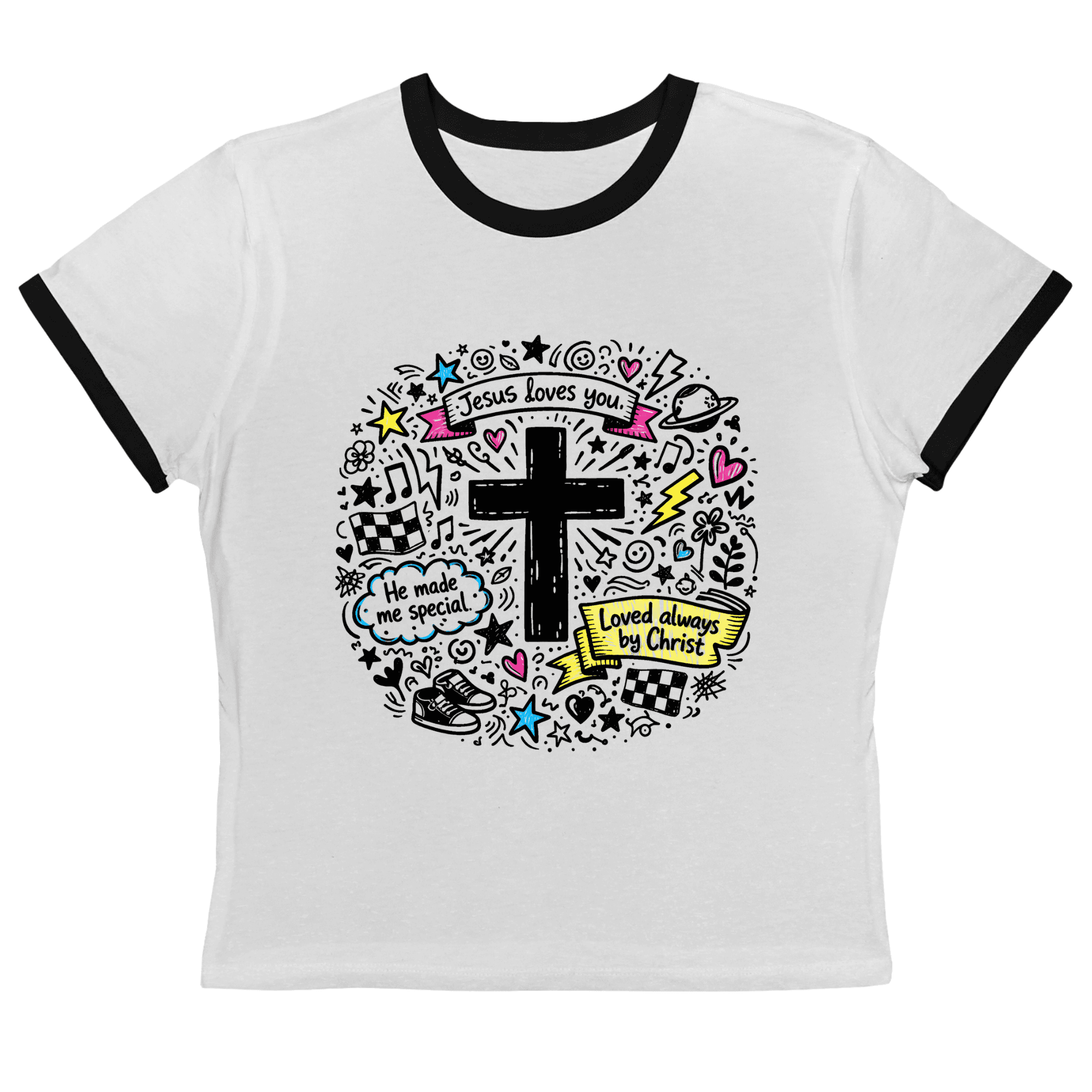 T-Shirt with 'Fearfully & Wonderfully Made Ringer Tee' design in white with black trim, front view.