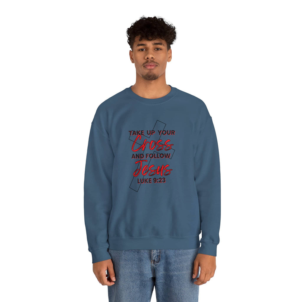 Front view of Follow Jesus Sweatshirt in blue featuring Luke 9:23 scripture design