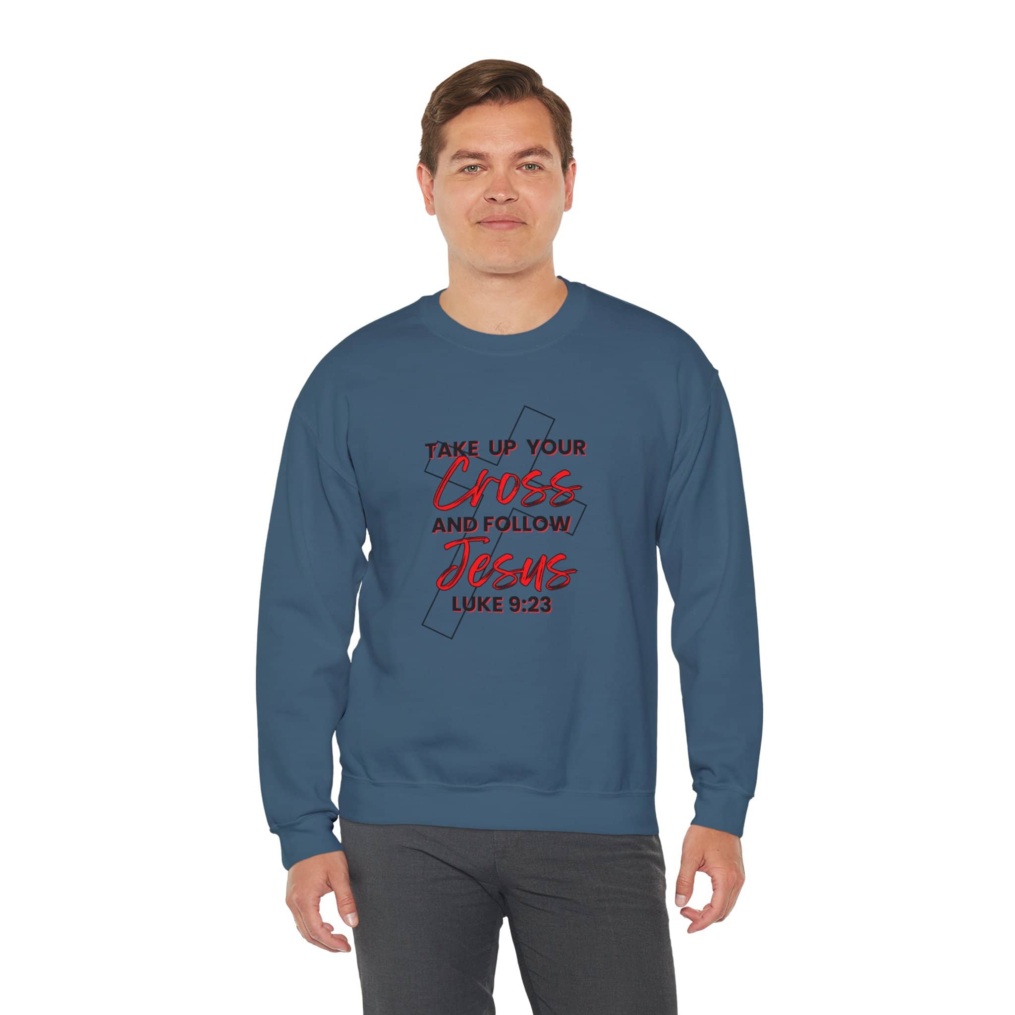 Men's Follow Jesus Sweatshirt in navy blue featuring Take Up Your Cross scripture design on the front