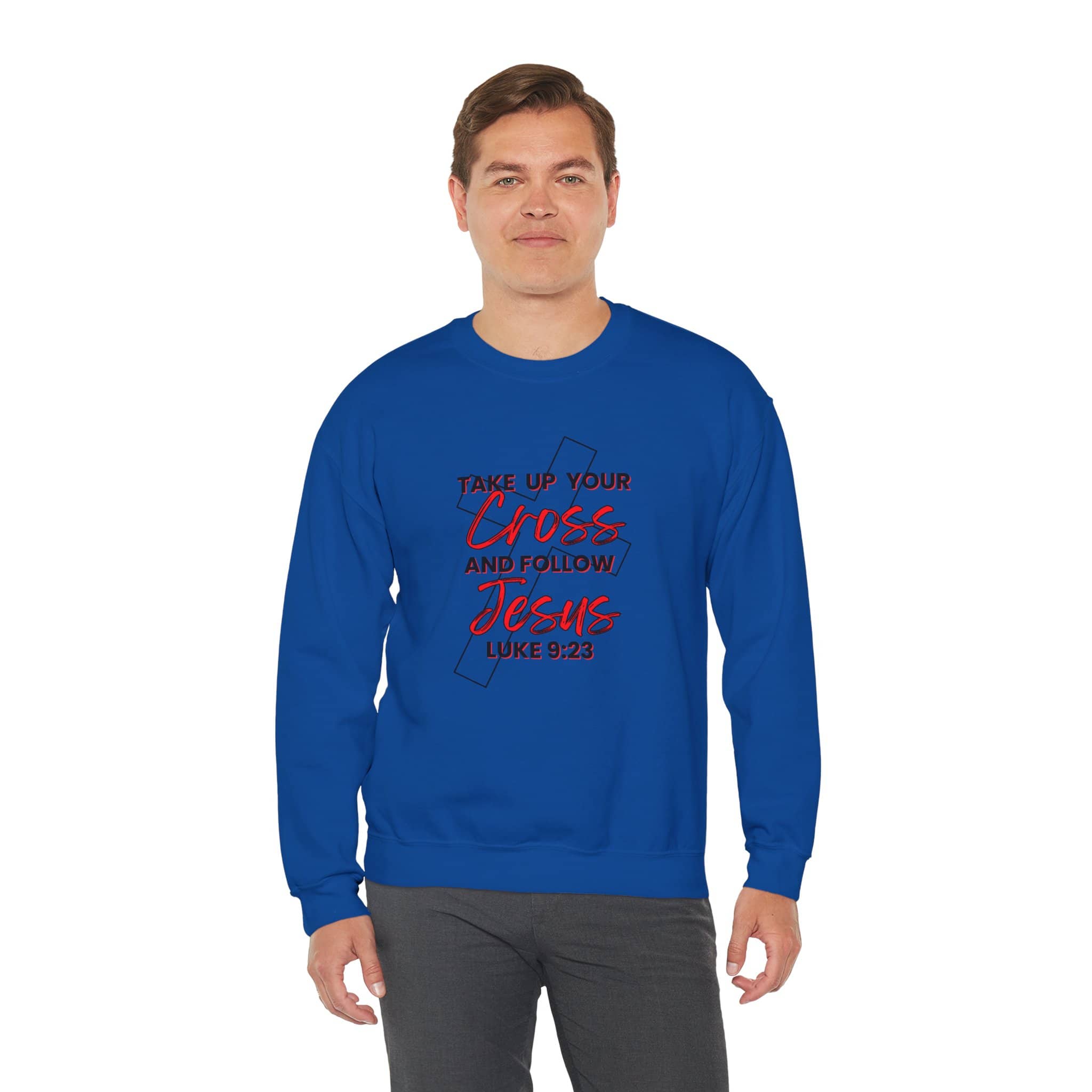 Follow Jesus Sweatshirt in royal blue with scripture Luke 9:23 on the front