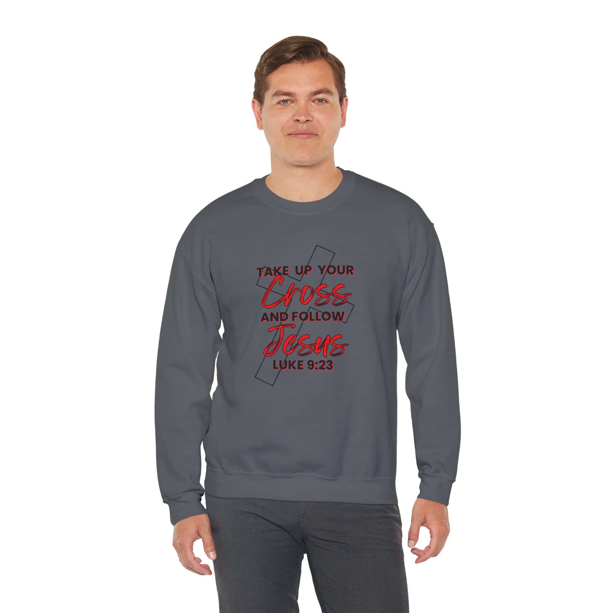 Men's Follow Jesus Sweatshirt in dark gray featuring Luke 9:23 scripture on the front
