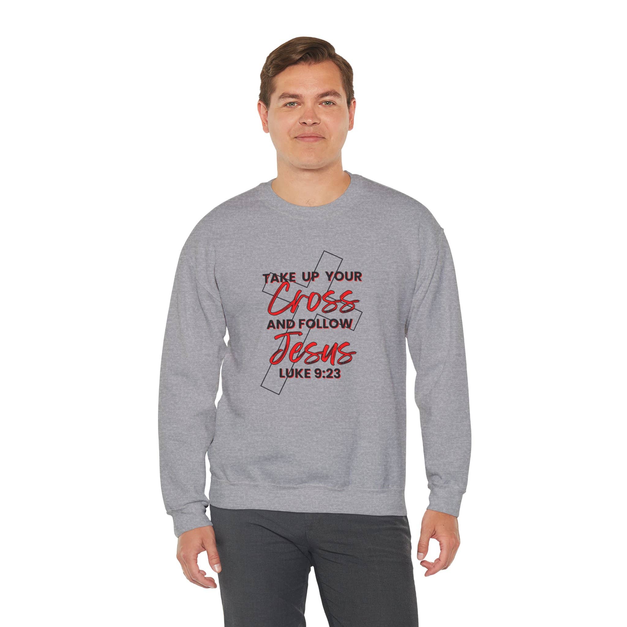 Grey Follow Jesus Sweatshirt with 'Take Up Your Cross' Luke 9:23 on the front view