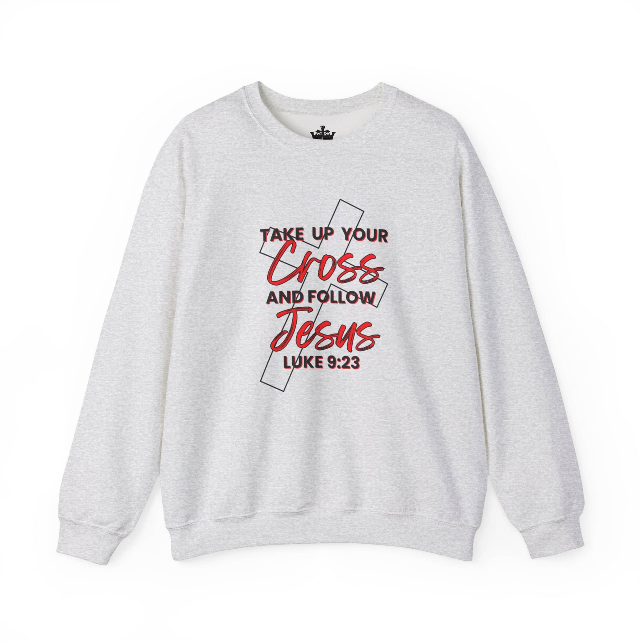 Sweatshirt with 'Take Up Your Cross and Follow Jesus Luke 9:23' in red on light gray fabric, front view