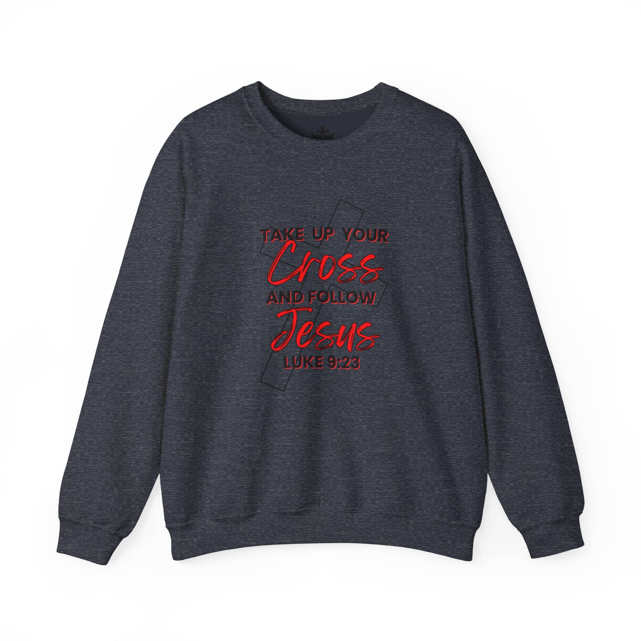 Black Follow Jesus Sweatshirt with red lettering, featuring the phrase Take Up Your Cross Luke 9:23