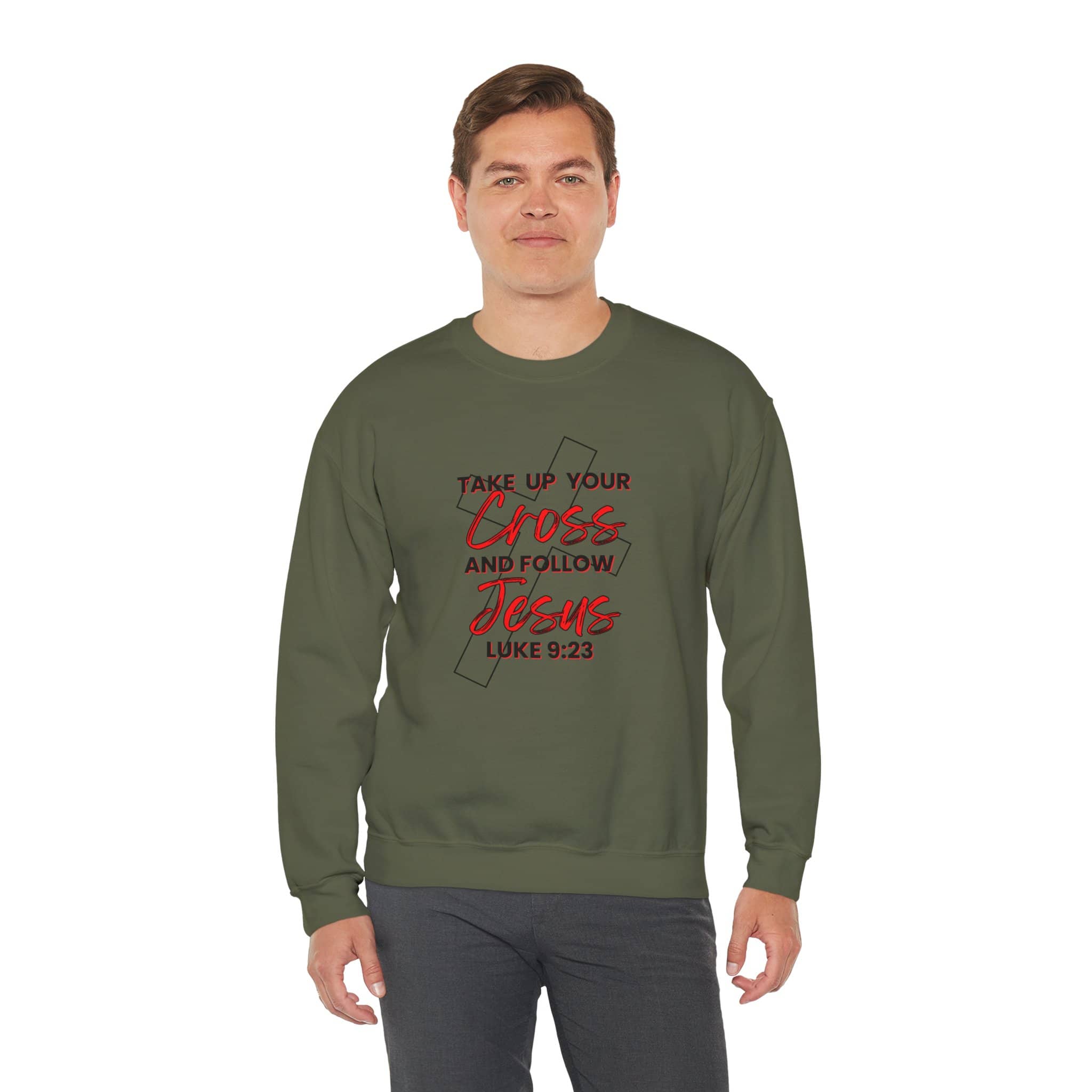 Follow Jesus Sweatshirt in olive green with Luke 9:23 scripture on the front