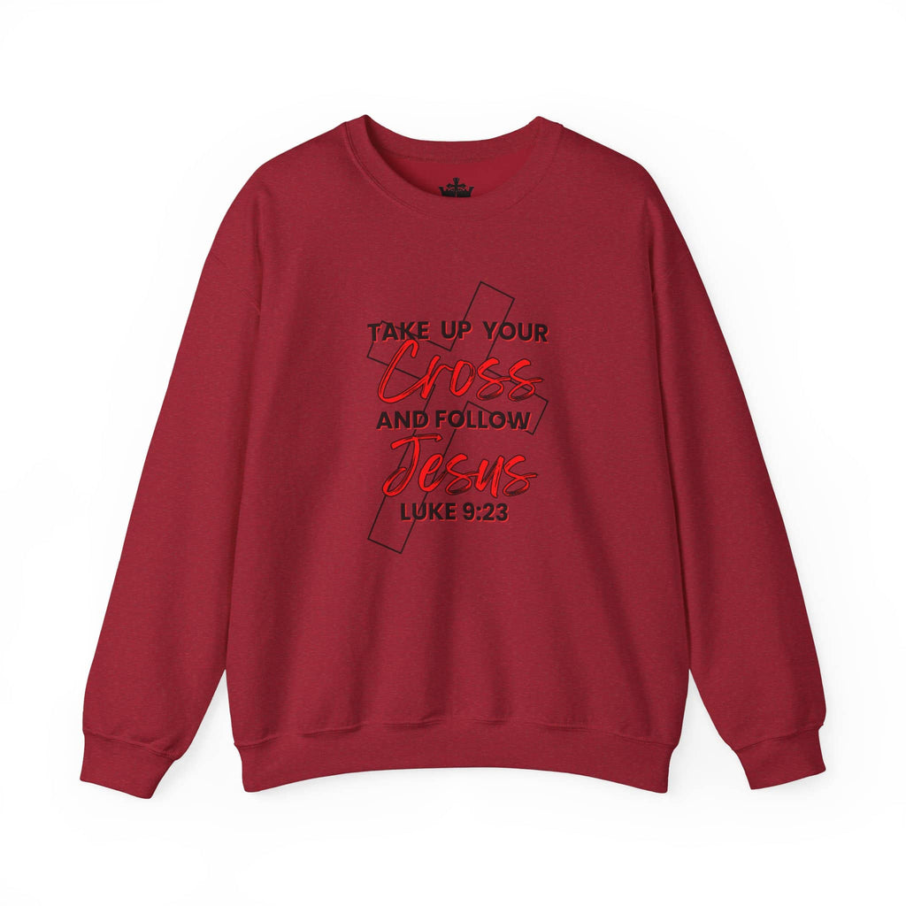 Follow Jesus Sweatshirt in maroon with scripture Luke 9:23 printed on the front