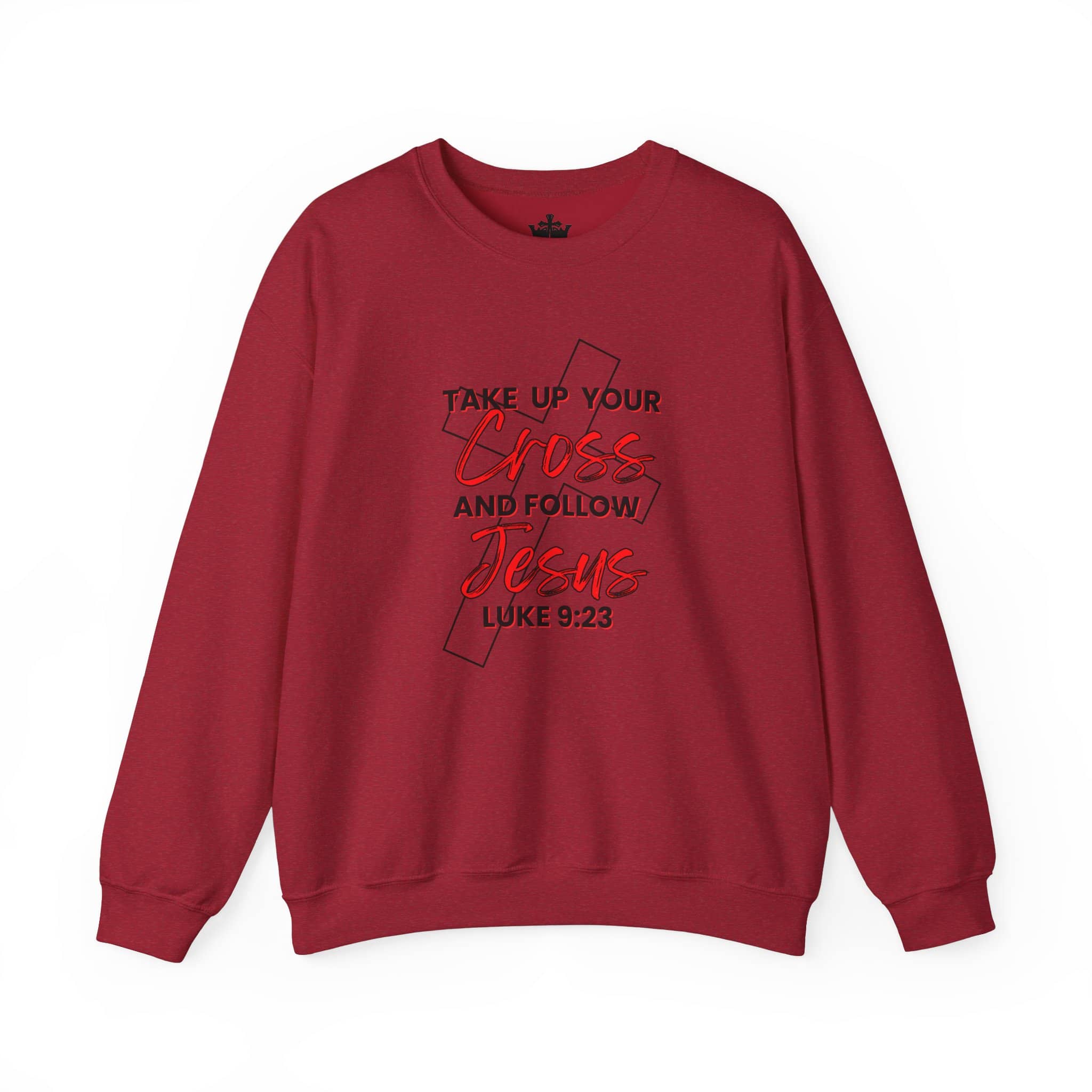 Follow Jesus Sweatshirt in maroon with scripture Luke 9:23 printed on the front